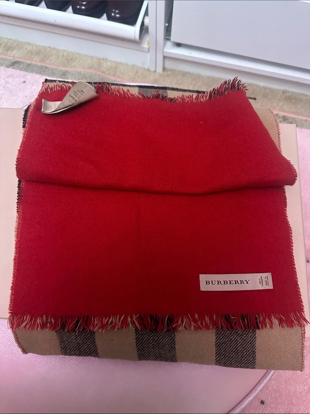 Burberry Tan and Black Check Wool Scarf with red interior